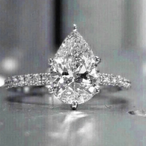 🌸Anillos Pear Water Drop Crystal Clear CZ Silver Fashion Ring for Women, L105 - Picture 2 of 5